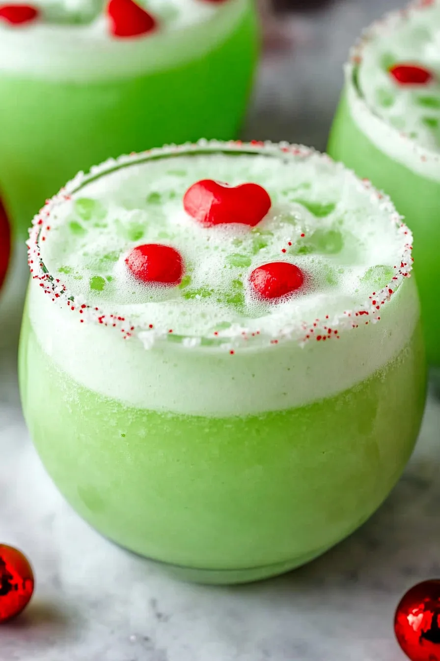 A holiday party drink with a foamy top, sugar rim, and red heart garnish.