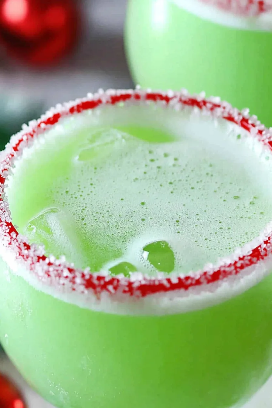 A festive green holiday drink topped with red candies and a sugar rim.