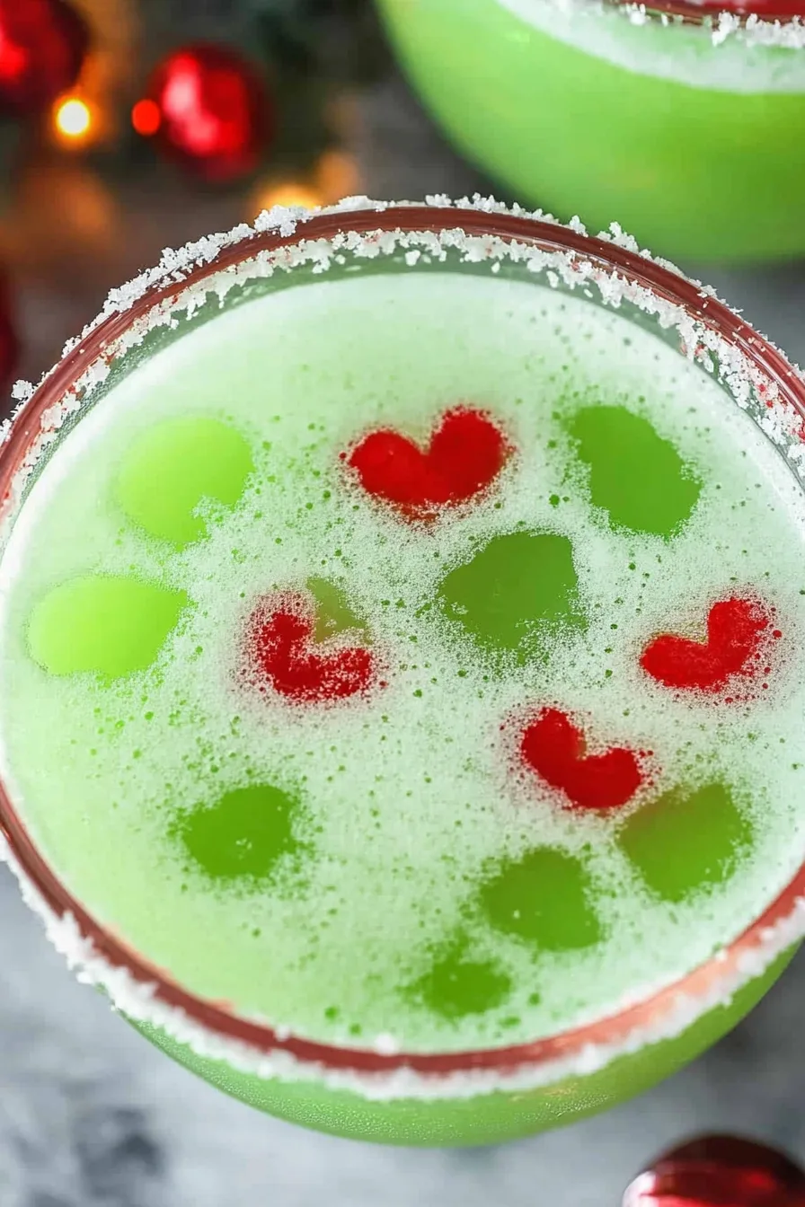 Close-up of a frothy green punch in a round glass, garnished with heart-shaped candy.