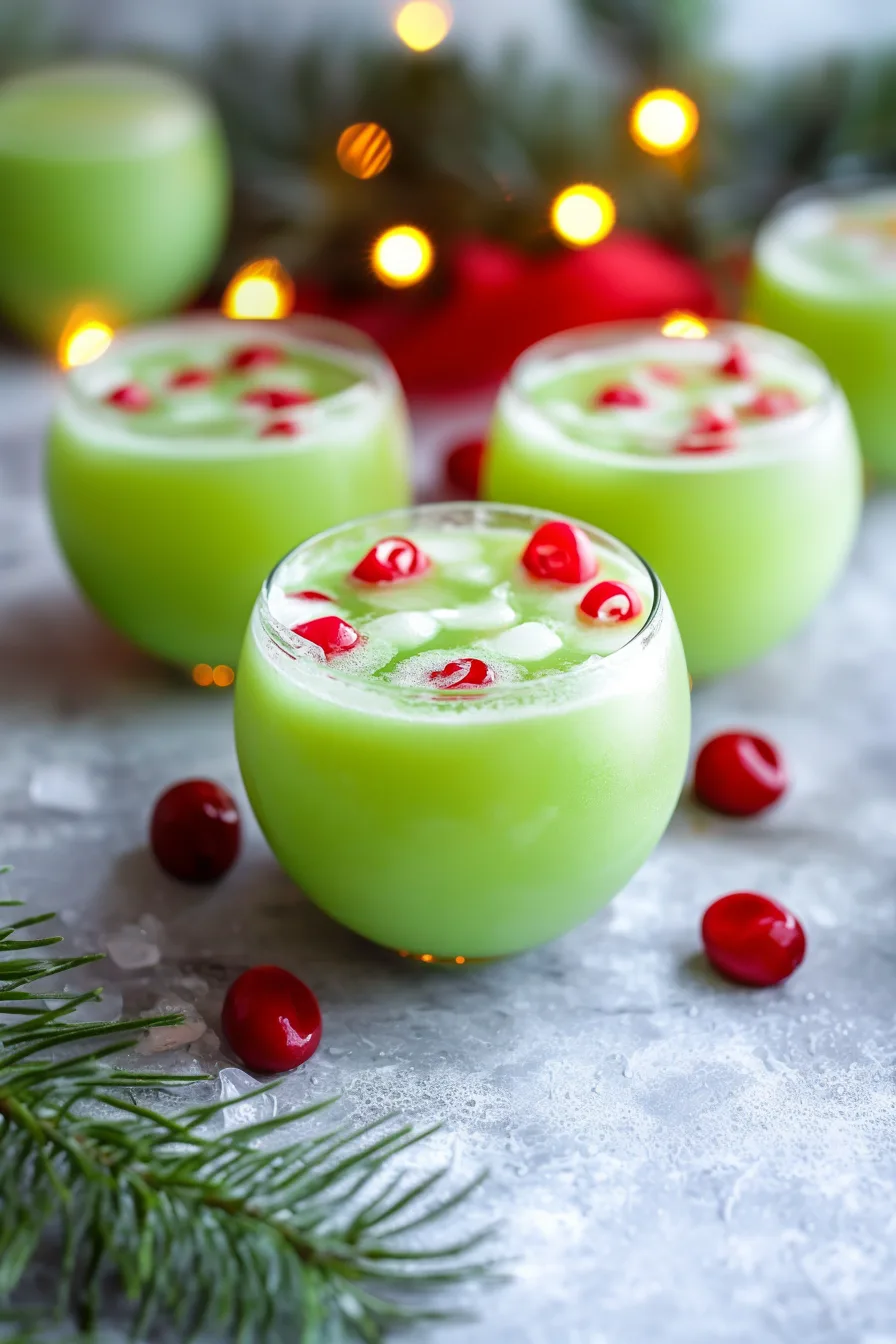 Bright green punch served in a frosted glass, decorated with red candy pieces.