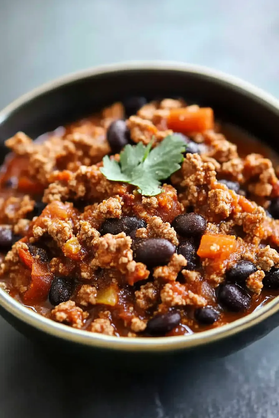 Bowl of hearty chili with lean ground meat, black beans, and diced vegetables.