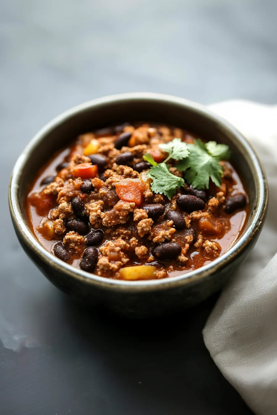 Comforting homemade chili with tender meat and black beans in tomato sauce.