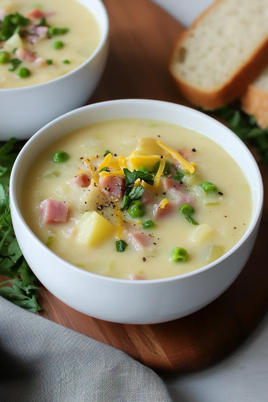 A warm bowl of creamy soup filled with diced ham, potatoes, and leeks, served with a slice of crusty bread.