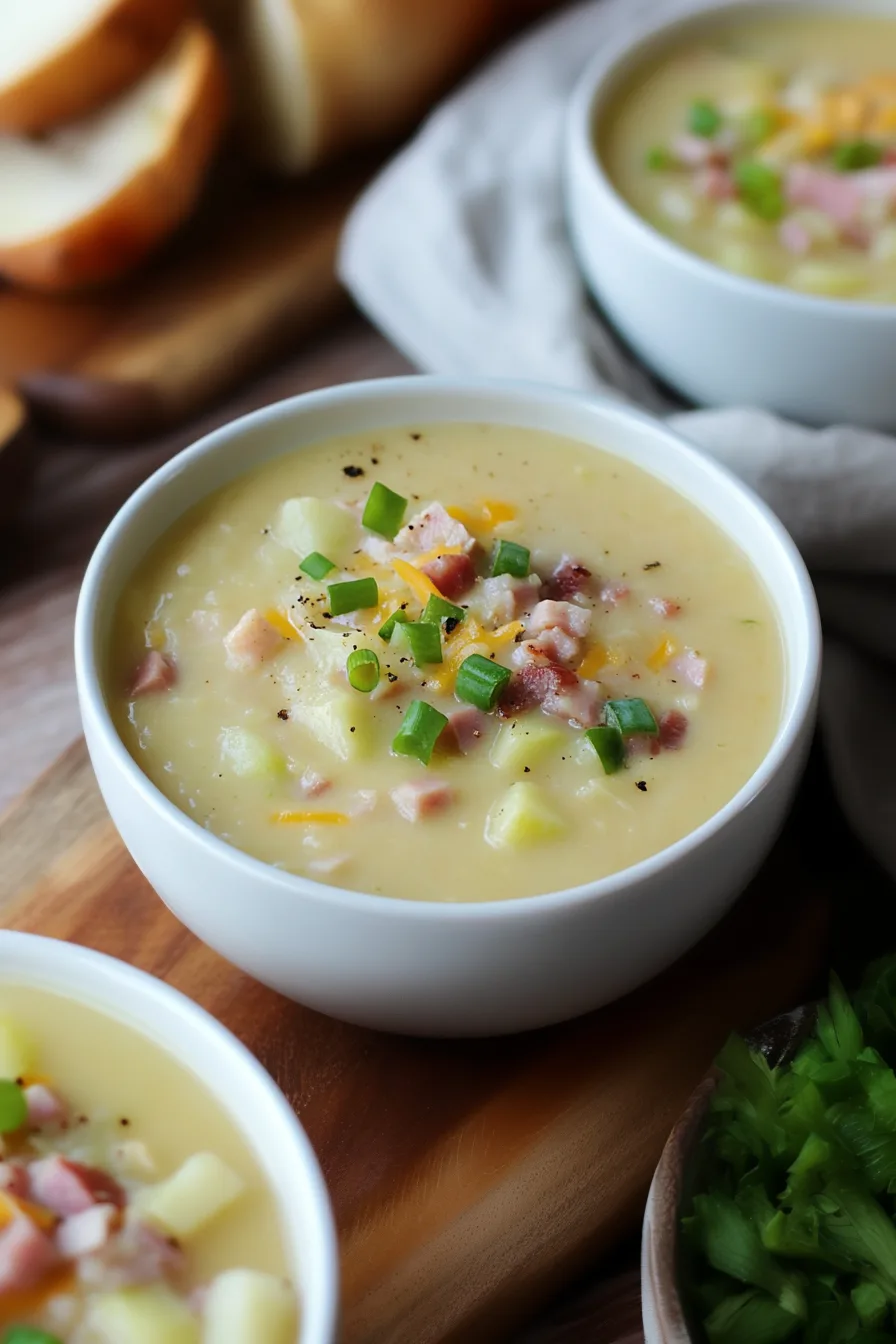 Creamy vegetable and ham soup garnished with chopped green onions for color and freshness.