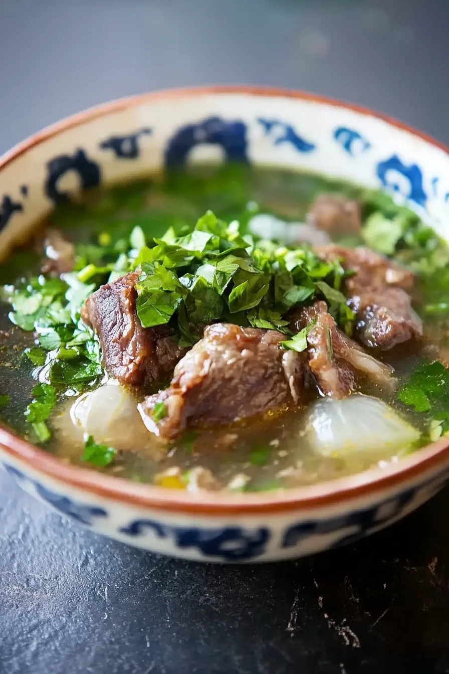Steaming bowl of savory meat and vegetable soup with bright green herbs on top.