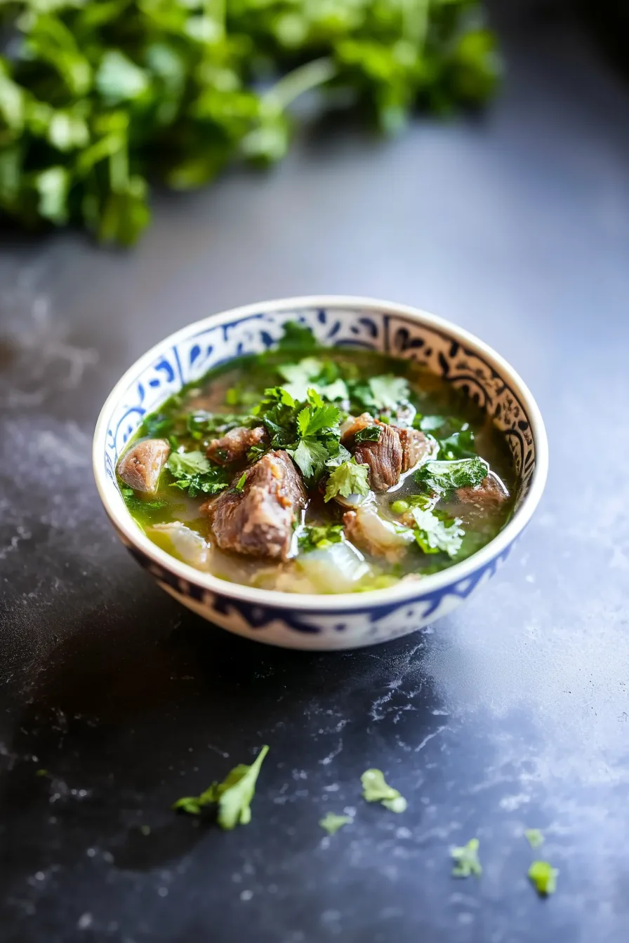 Warm homemade broth with oxtail, vegetables, and fresh herbs in a rustic bowl.