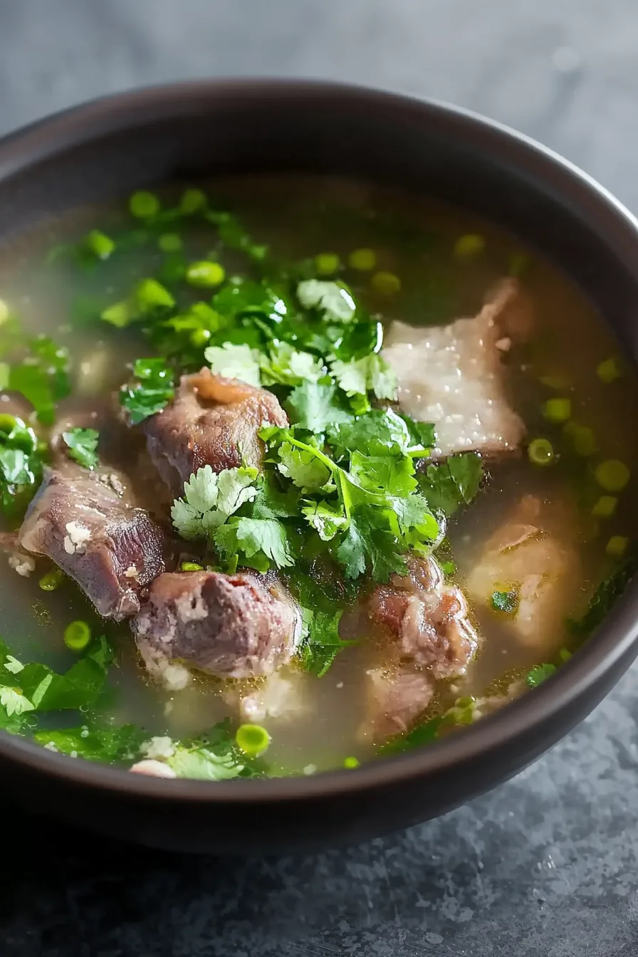 Comforting beef soup garnished with cilantro and red chili for a burst of color.