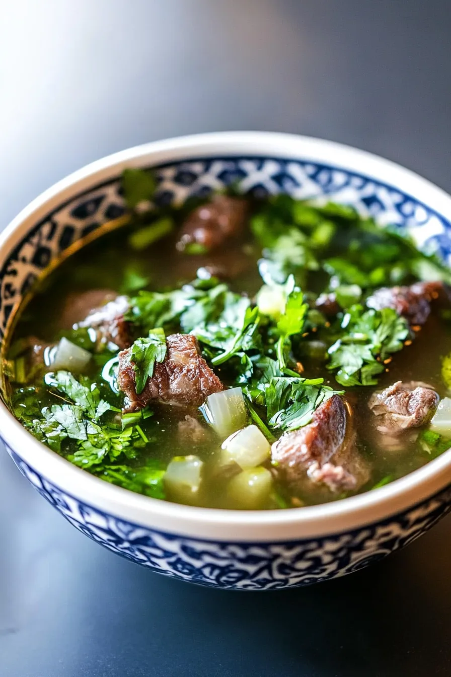 Bowl of clear broth with tender oxtail pieces, topped with fresh cilantro and green onions.