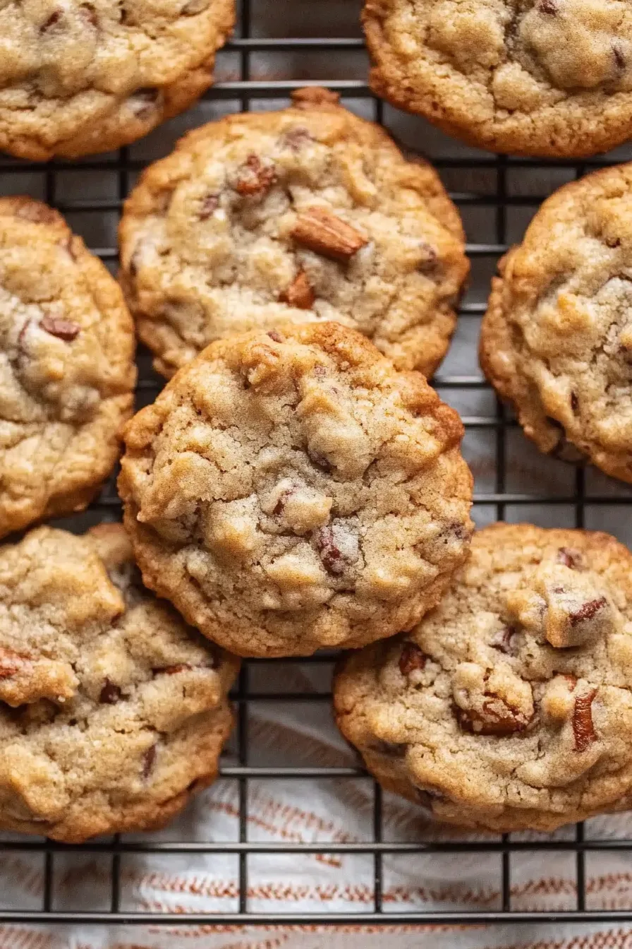 Close-up of soft, spiced cookies stacked on a cooling tray.