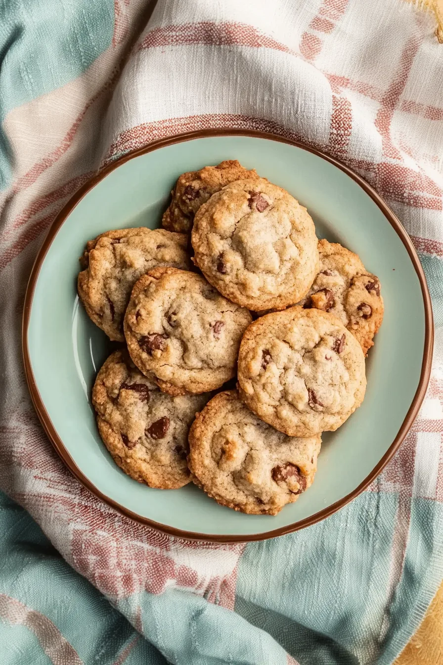 A plate of chewy, golden-brown cookies with bits of chocolate and nuts.