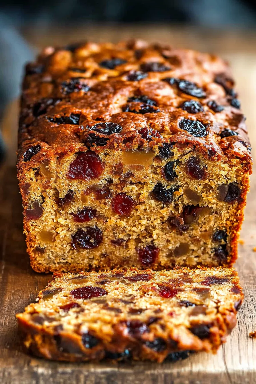 Freshly baked fruitcake on a wooden board, highlighting its rich texture and glossy top.