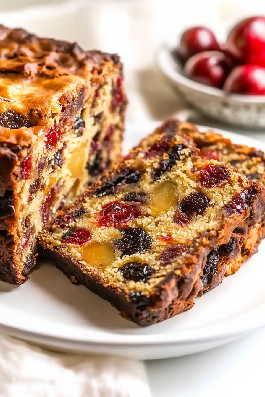 Close-up of a golden-brown fruitcake showing juicy cherries and raisins throughout.