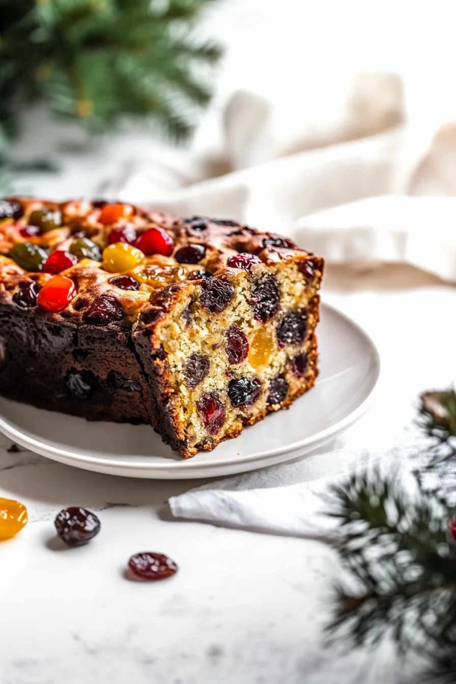 Moist fruitcake loaf filled with colorful dried fruits and nuts, sliced and ready to serve.