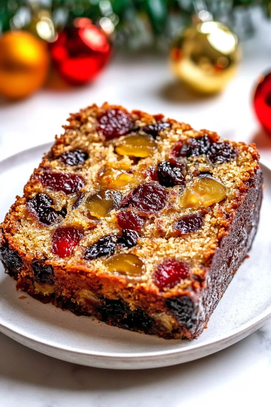 Slice of festive fruitcake revealing bits of candied fruit and a soft, dense crumb.