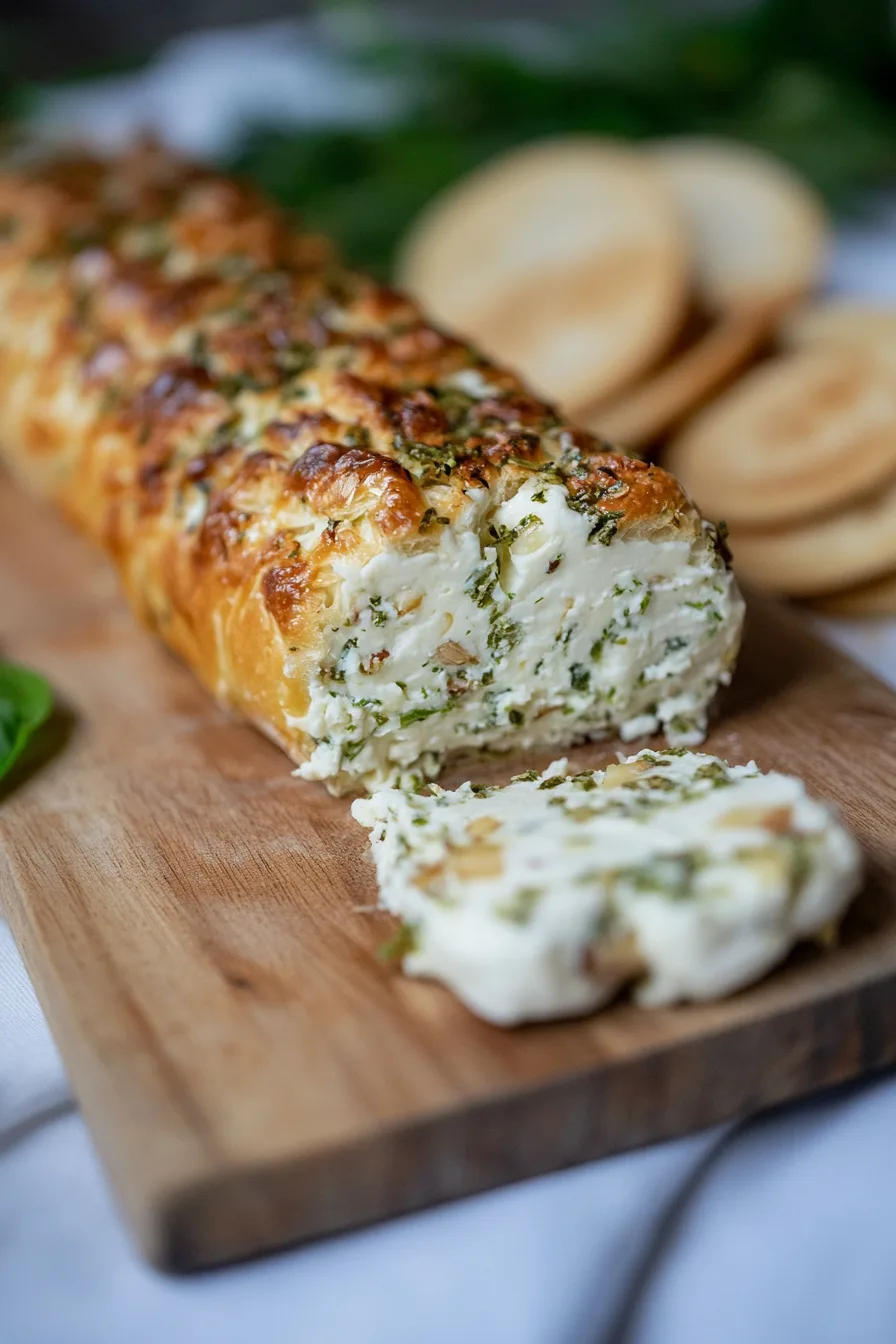 Herb-crusted cheese log served on a wooden board with a few bread slices in the background.
