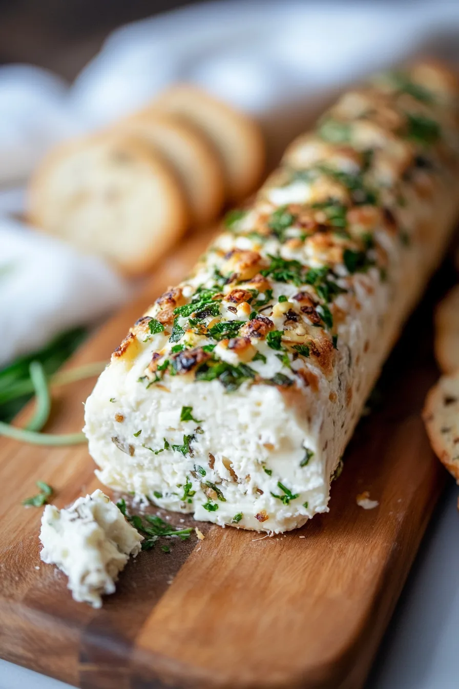 Creamy cheese log coated with fresh herbs and toasted garlic on a wooden serving board.
