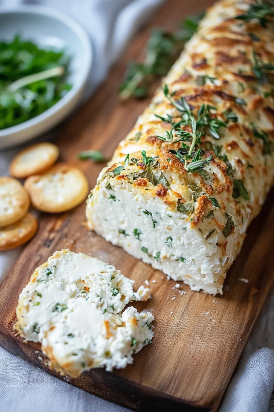 Close-up of a soft cheese spread rolled in chopped parsley and herbs, ready to serve with bread slices.