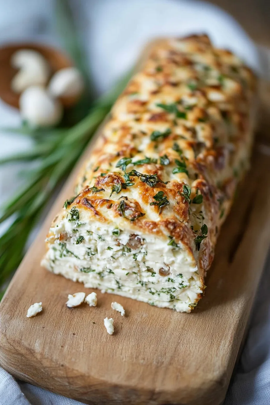 Appetizer log with golden-brown herbs and garlic on top, placed beside toasted baguette rounds.