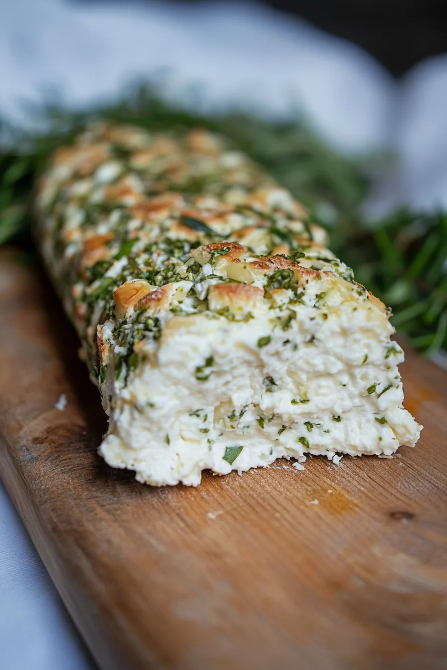 Smooth cheese roll garnished with parsley and baked garlic pieces for a festive presentation.