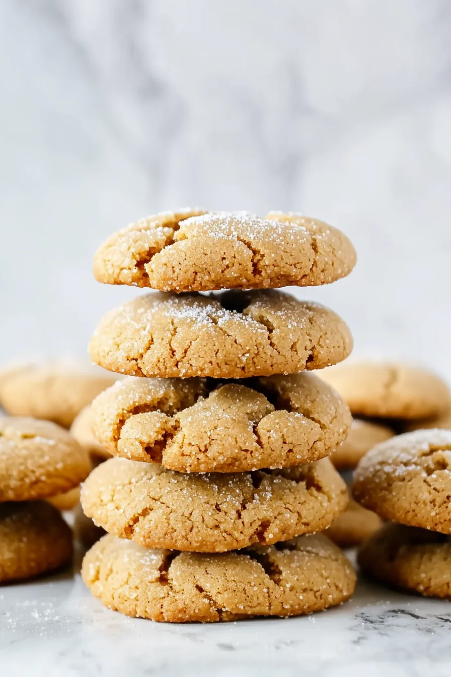 Stack of golden brown cookies with crackled tops and a light sugar coating