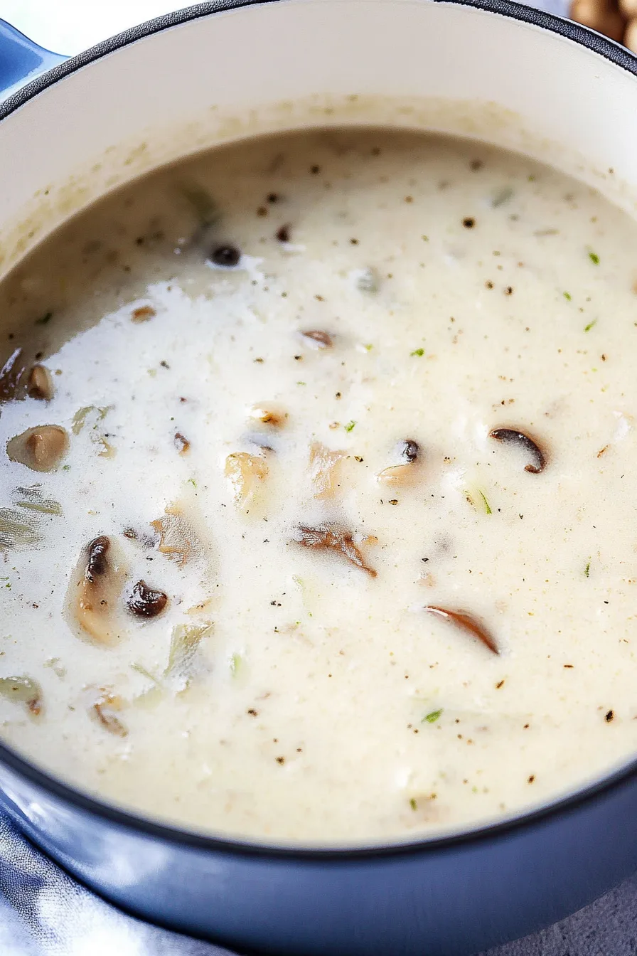 Close-up of smooth, rich soup with mushrooms and a sprinkle of black pepper