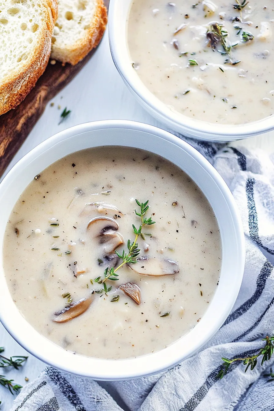 Bowl of creamy soup with sliced mushrooms and fresh thyme, served with crusty bread.