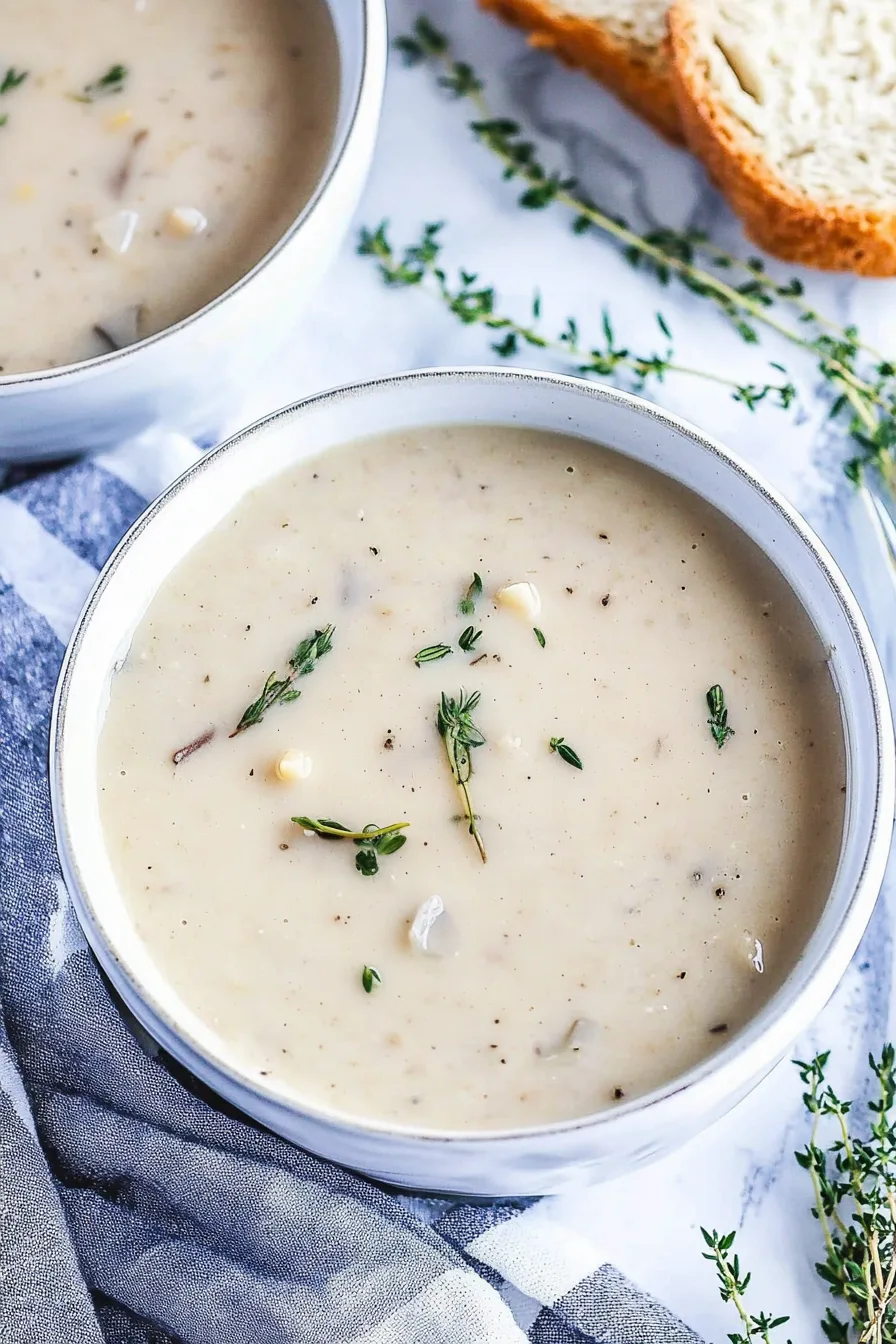 Warm and comforting bowl of homemade creamy mushroom soup on a marble surface.