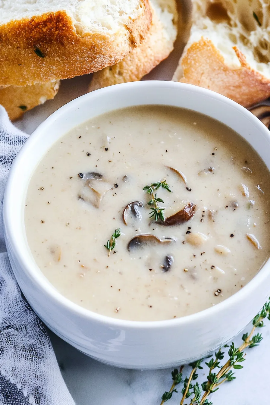 Thick mushroom soup garnished with herbs, next to slices of fresh bread.
