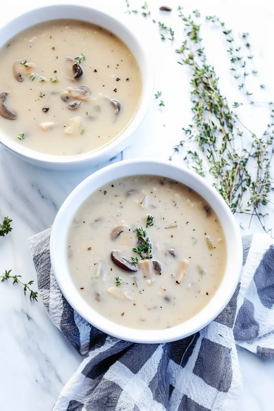 Velvety mushroom soup topped with thyme sprigs and cracked pepper.