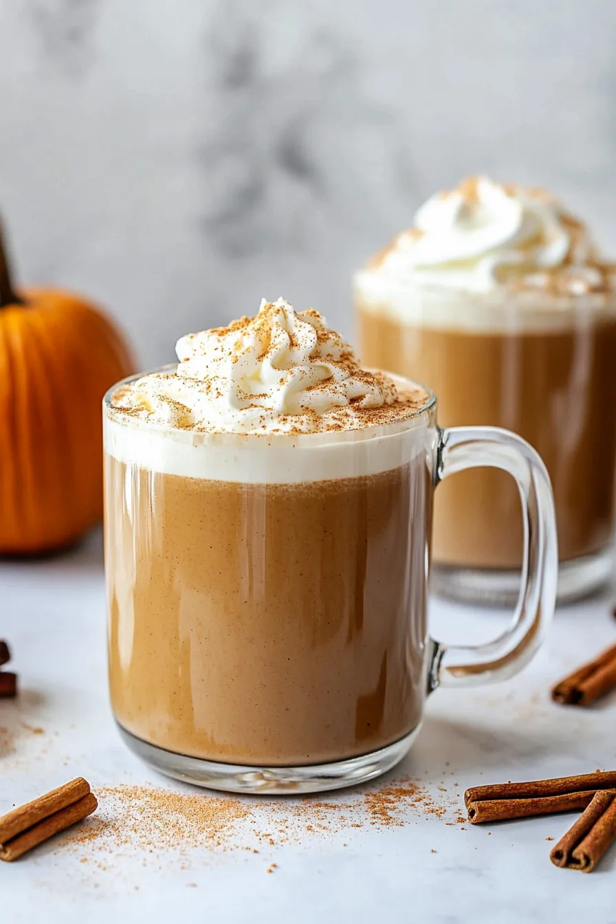 Close-up of a cozy fall drink in a glass mug with whipped cream and pumpkin spice on top.