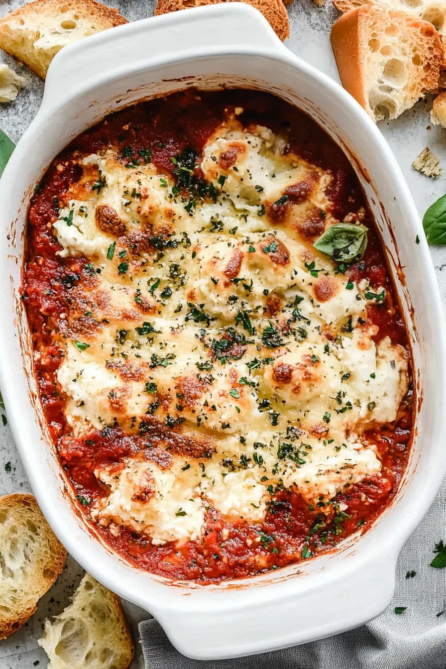 Warm baked dip with a mix of melted cheese and spiced tomato sauce, ready for dipping bread.