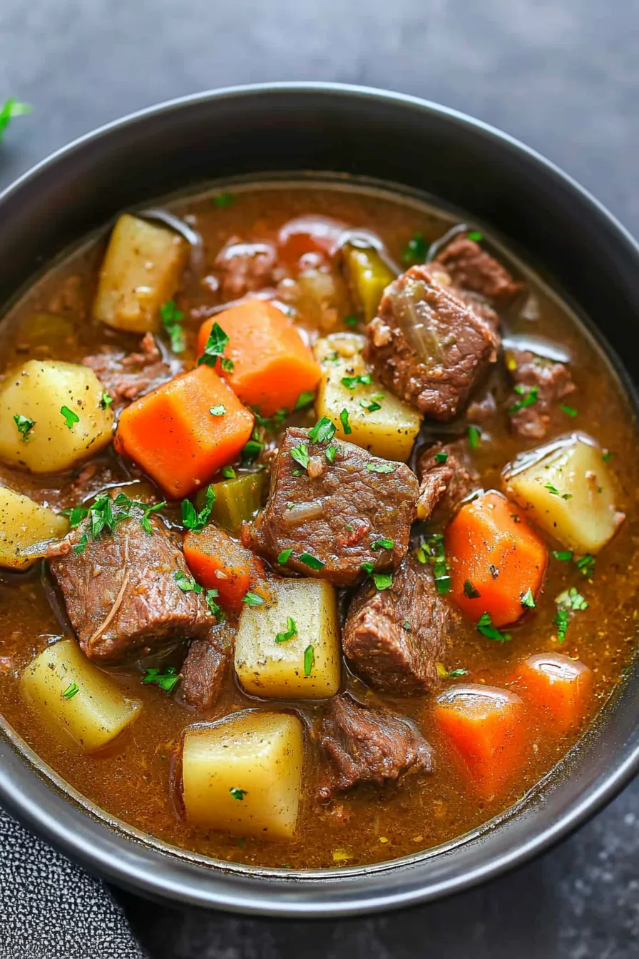 Close-up of tender beef chunks, potatoes, and carrots in a savory Instant Pot stew.