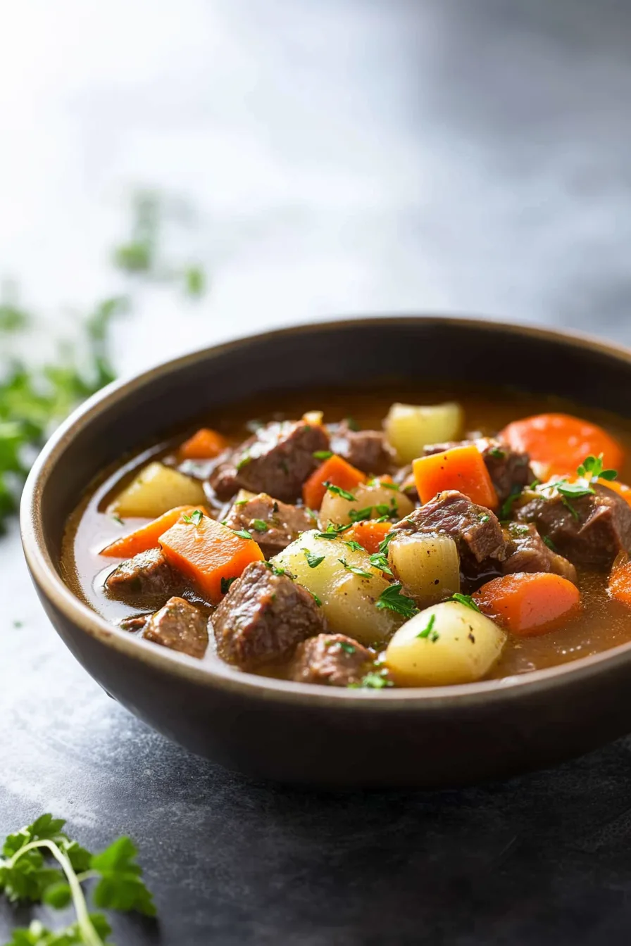 Hearty beef and potato stew served in a bowl with tender carrots and rich broth.