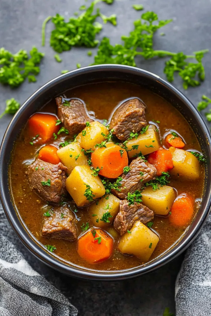 Warm bowl of homemade beef and potato stew topped with fresh parsley.