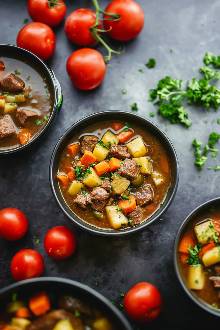 Comforting beef stew with potatoes and carrots in a flavorful brown gravy.
