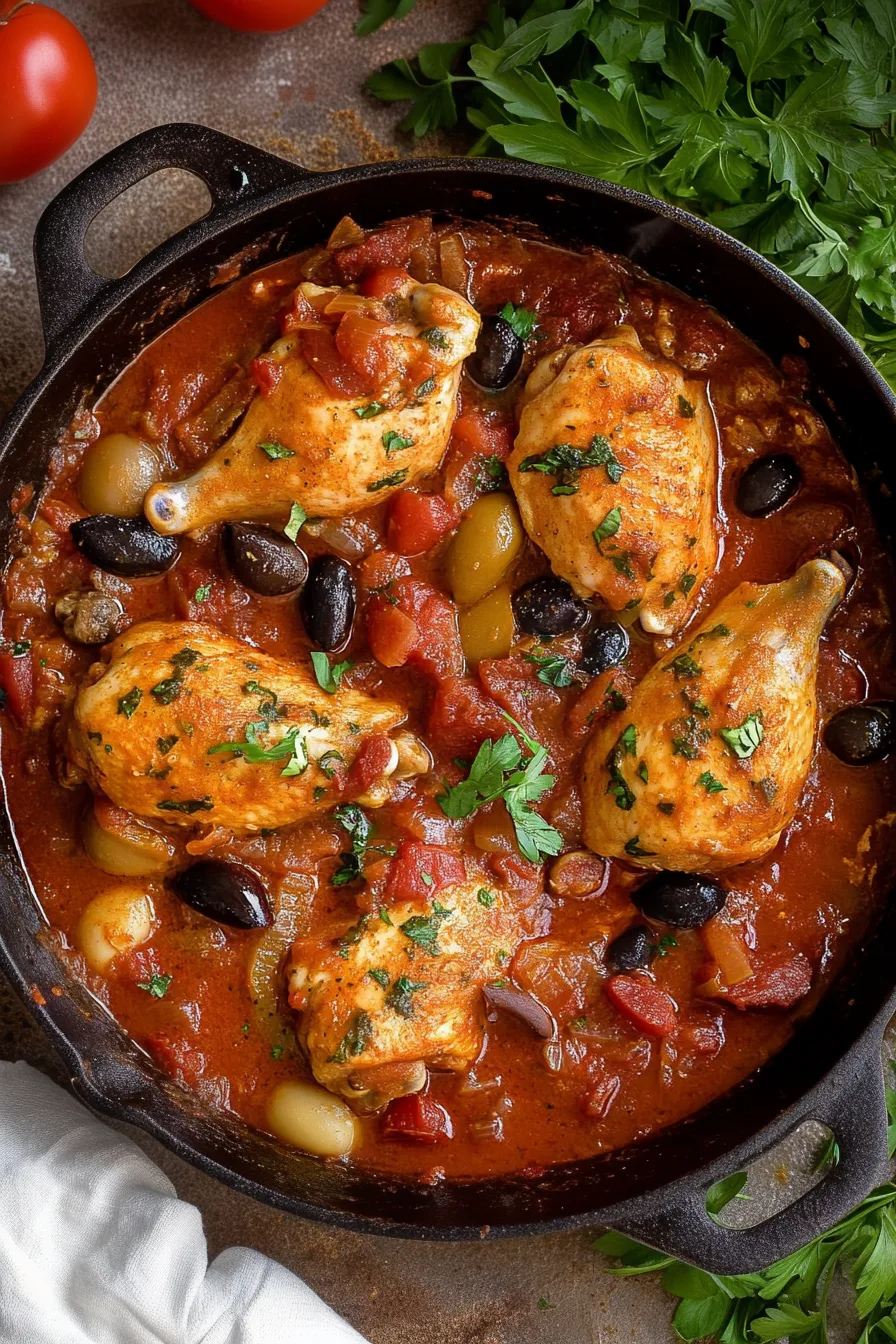 Skillet of tender chicken simmered in a rich tomato sauce with olives, herbs, and vegetables.