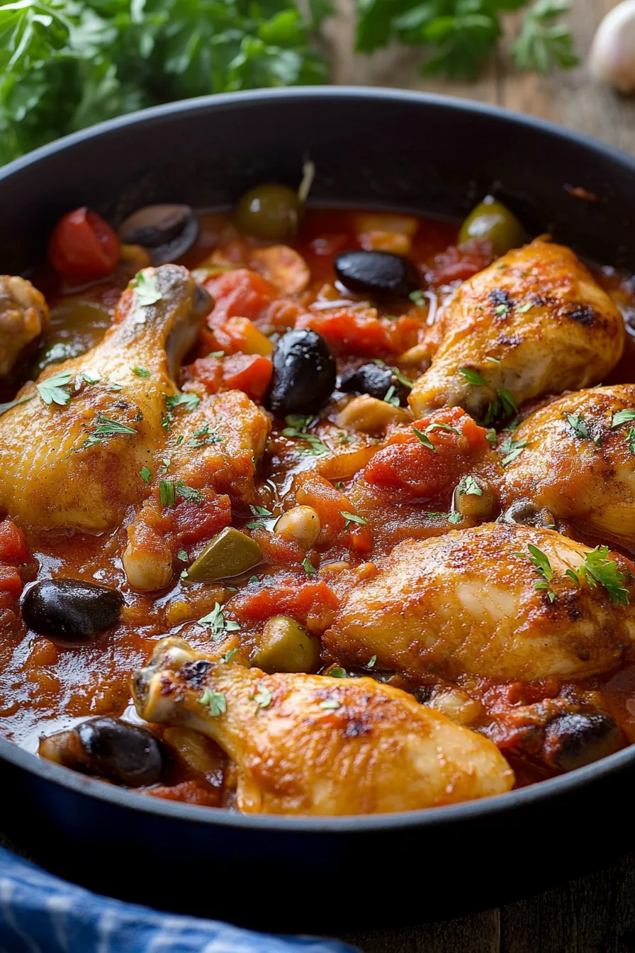 Golden chicken pieces nestled in a flavorful red sauce with onions, olives, and herbs.
