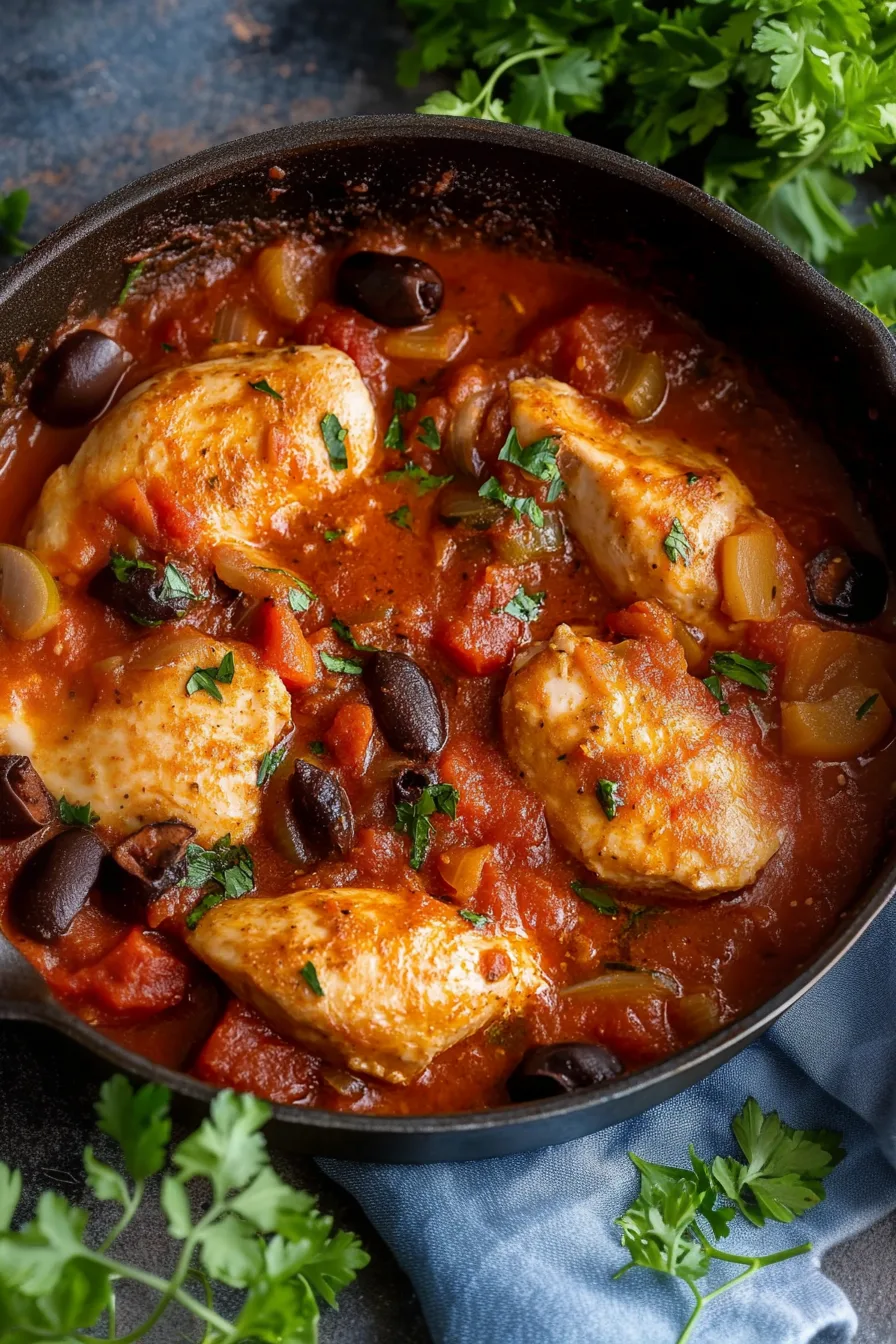 Warm, comforting chicken dish served in a cast iron pan with a rich tomato and herb sauce.