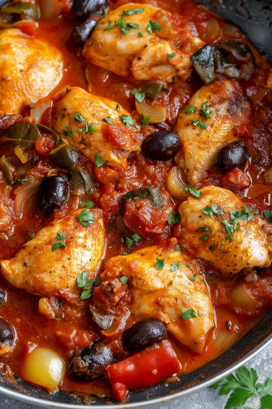 Rustic pan of chicken cooked in a savory tomato-based sauce with chunks of vegetables.