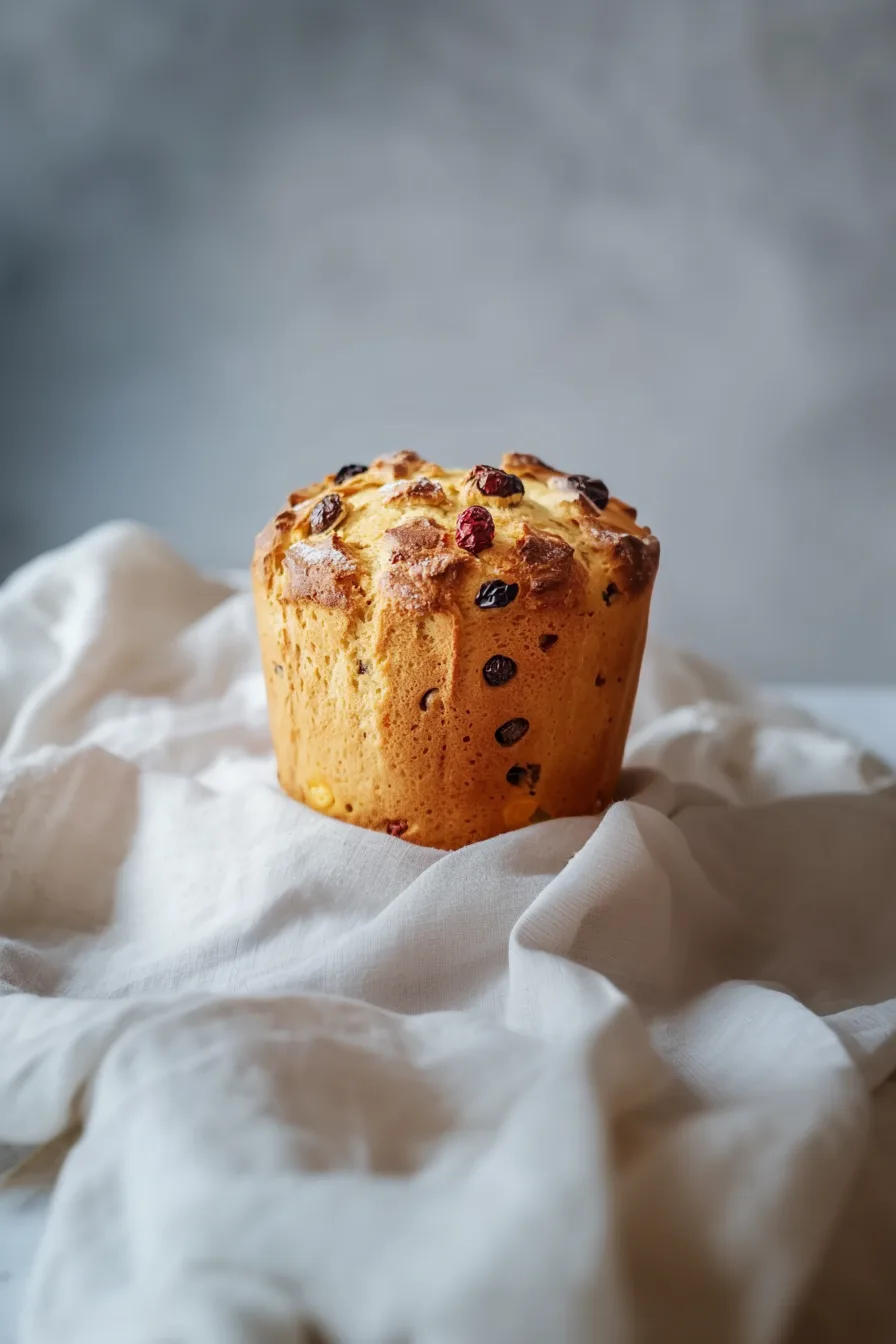 Homemade holiday bread with a light texture and dried fruit pieces.