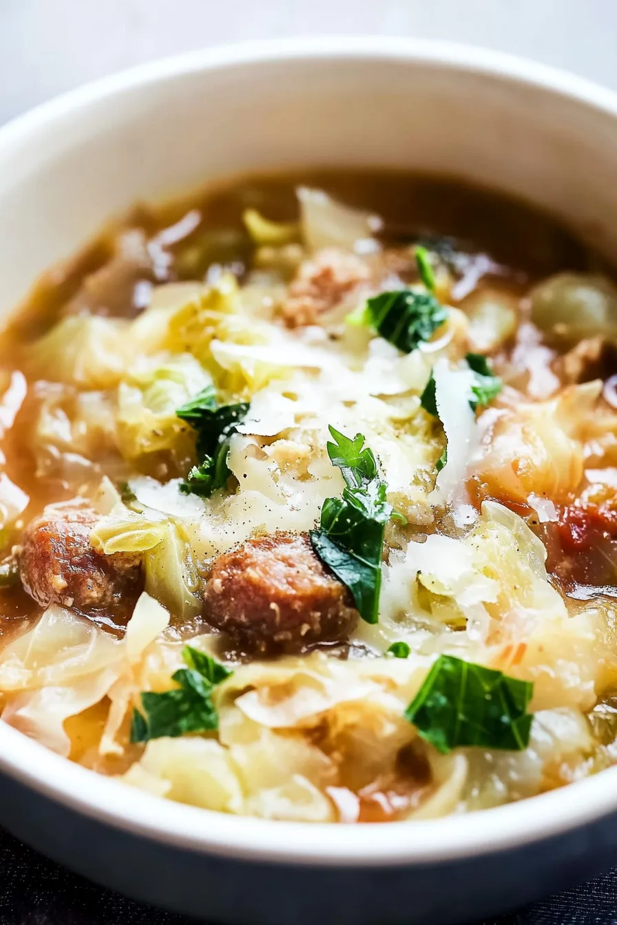 Close-up of warm, comforting soup with tender cabbage and bits of sausage.