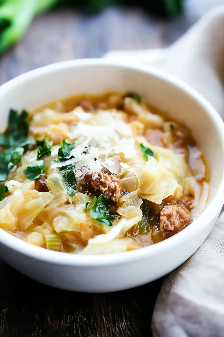 Cozy homemade stew featuring sausage pieces, cabbage, and melted cheese.