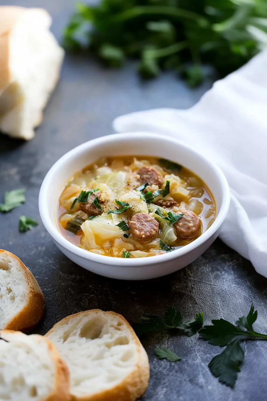 Savory cabbage and sausage dish served hot in a white bowl.