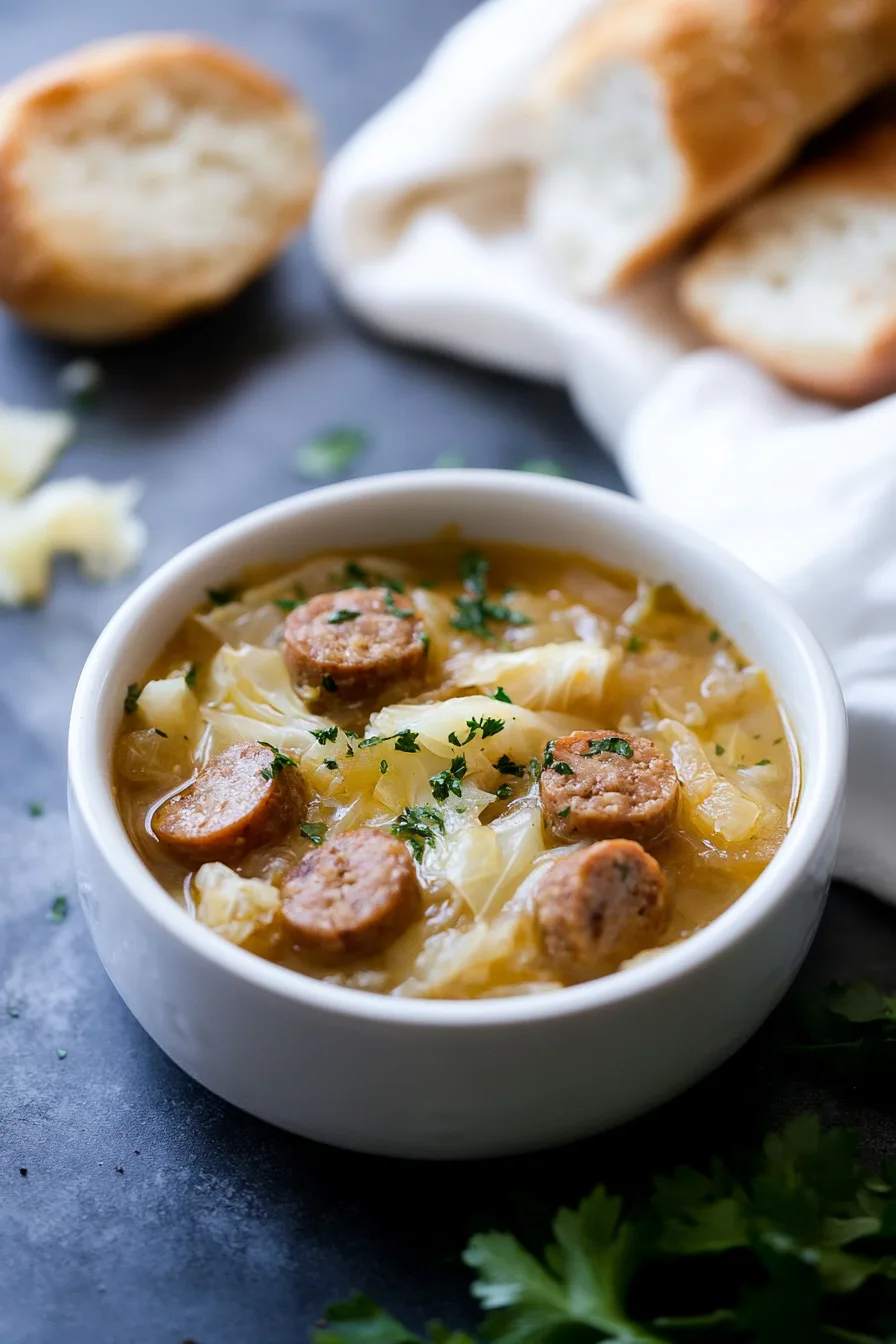 Bowl of hearty stew with sausage, cabbage, and fresh parsley on top.