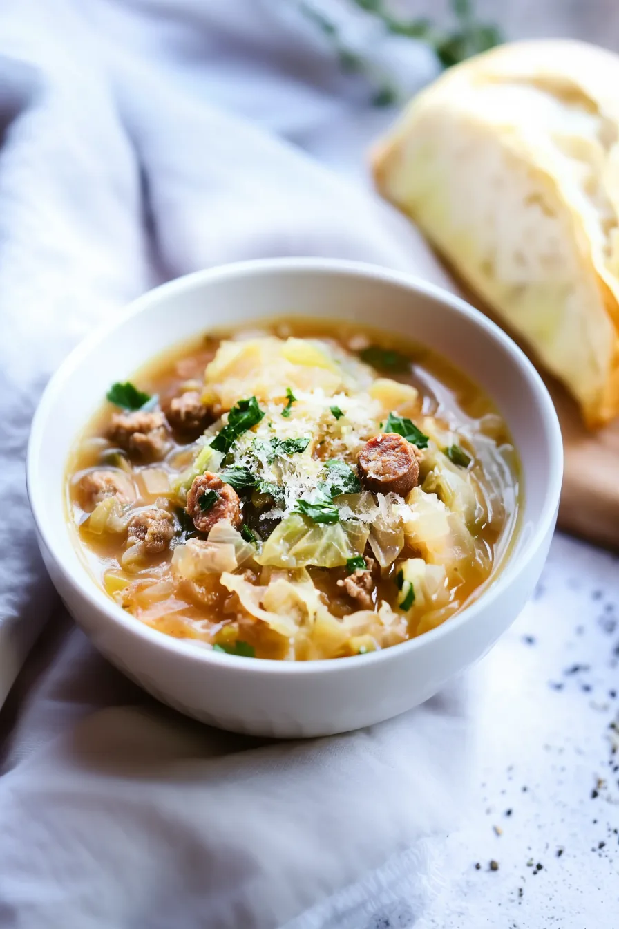 Rustic bowl filled with vegetable and sausage stew garnished with herbs and cheese.