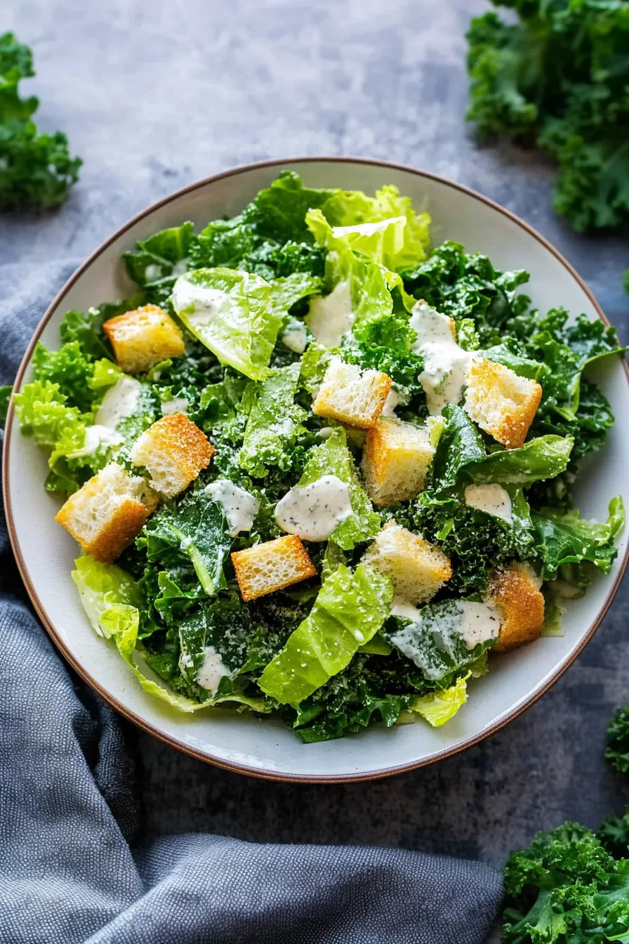 Fresh green salad with kale, romaine, crispy croutons, and creamy dressing.