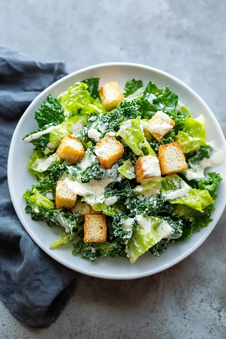 Bowl of leafy greens topped with golden croutons and a drizzle of creamy sauce.