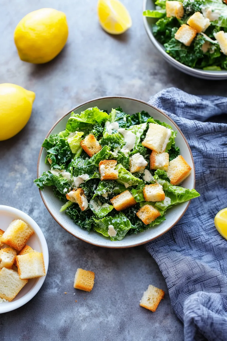 Vibrant green salad served with toasted bread cubes and creamy dressing.
