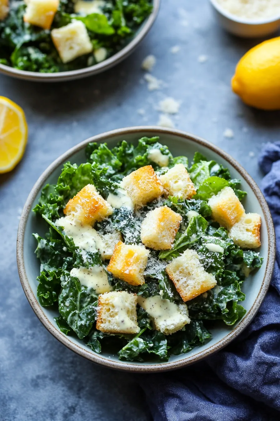 Crisp salad with a mix of kale and lettuce coated in dressing and Parmesan.
