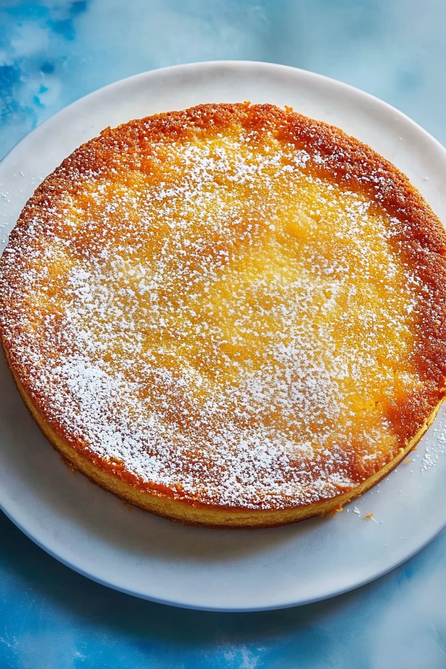 Simple round citrus cake on a plate, topped with powdered sugar and ready to serve.